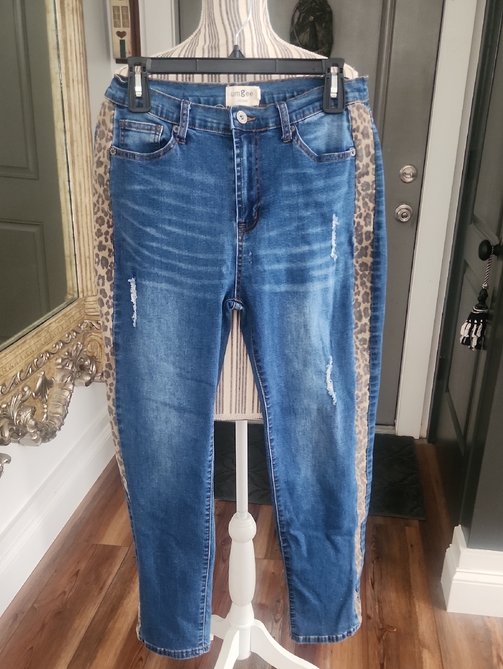 Umgee Blue Stretch Jeans with Leopard Side Panels